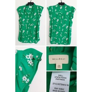 Melloday  Women Shirt Top Large Green Floral V- Neck‎ Ruffled Flutter Cap Sleeve